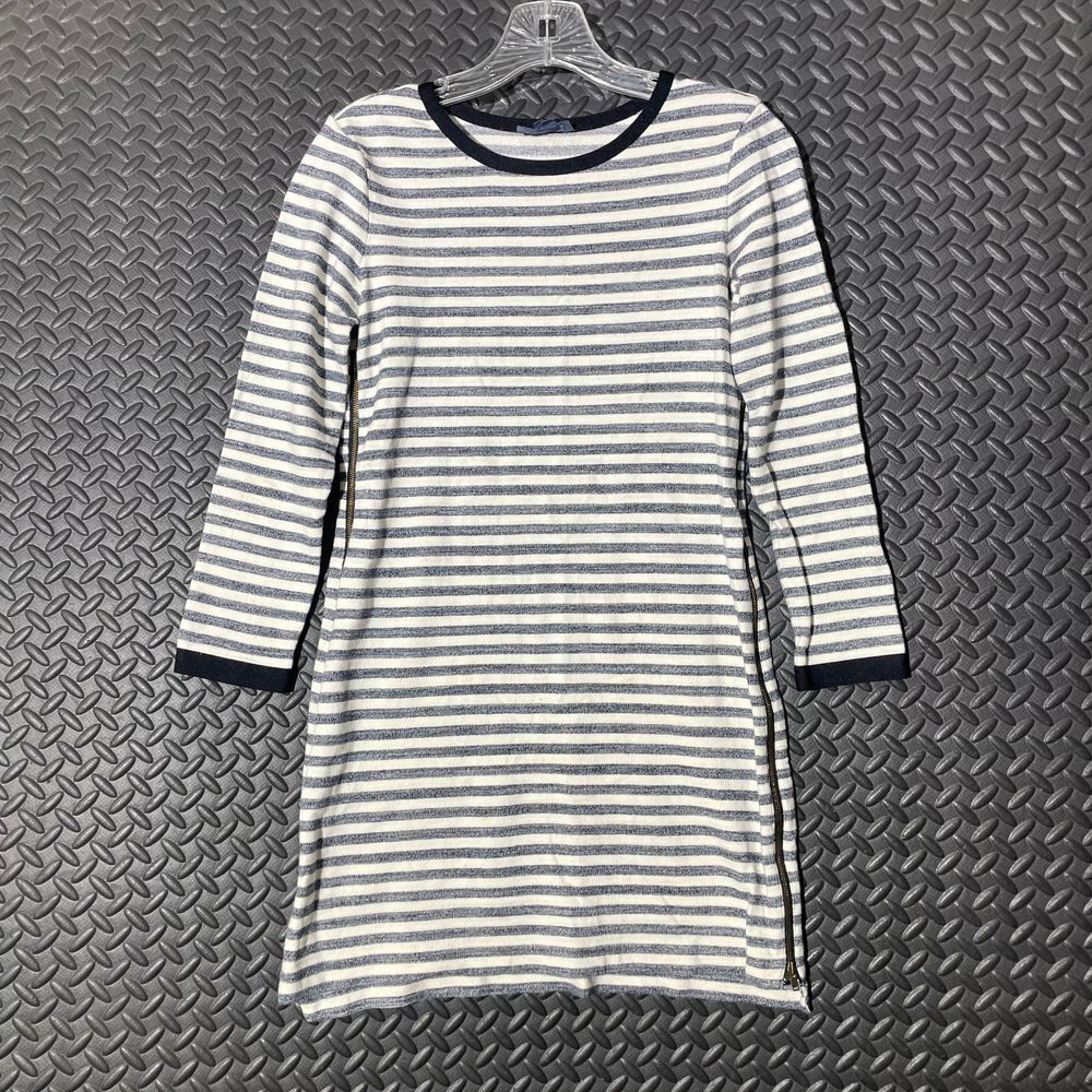 Gryphon‎ New York White Navy Blue Horizontal Striped Zipper Dress Women's Size S